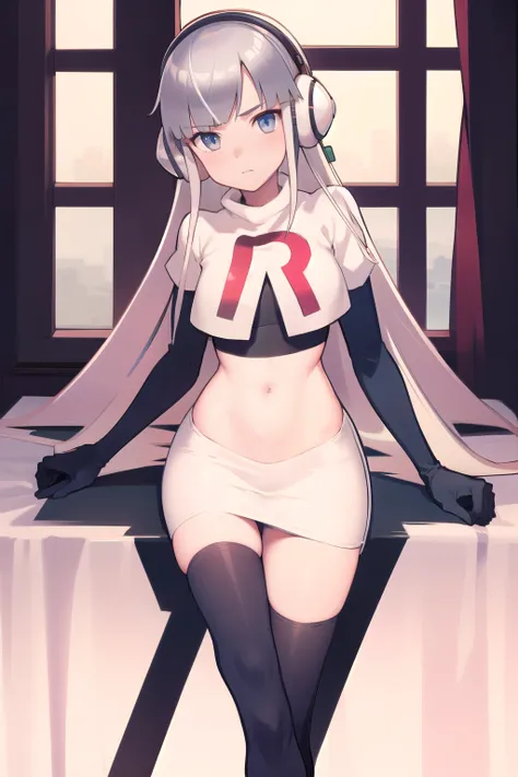 masterpiece, best quality, bw2elesa, silver hair, streaked hair, long sidelocks, hair ornaments, headphones, team rocket,team rocket uniform,white skirt,red letter R,crop top,black thigh-highs,black elbow gloves, looking at viewer, 