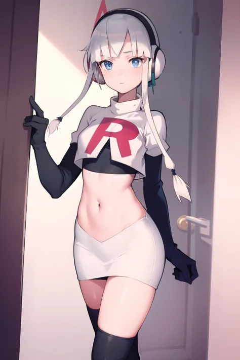 masterpiece, best quality, bw2elesa, silver hair, blue eyes, streaked hair, long sidelocks, hair ornaments, headphones, team rocket,team rocket uniform,white skirt,red letter R,crop top,black thigh-highs,black elbow gloves, looking at viewer, 