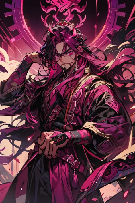  A chaotic Dao cultivator ,  famous for raining blood on his battlegrounds . in your head,  he sports huge Violet and Black horns ,  like his magenta crown that highlight his patriarchal posture .  He wears Black and Magenta costumes with Red details. He i...