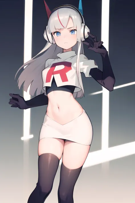 masterpiece, best quality, bw2elesa, silver hair, blue eyes, streaked hair, long sidelocks, hair ornaments, headphones, team rocket,team rocket uniform,white skirt,red letter R,crop top,black thigh-highs,black elbow gloves, looking at viewer, 