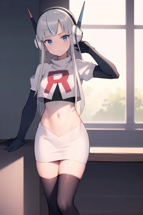 masterpiece, best quality, bw2elesa, silver hair, blue eyes, streaked hair, long sidelocks, hair ornaments, headphones, team rocket,team rocket uniform,white skirt,red letter R,crop top,black thigh-highs,black elbow gloves, looking at viewer, 