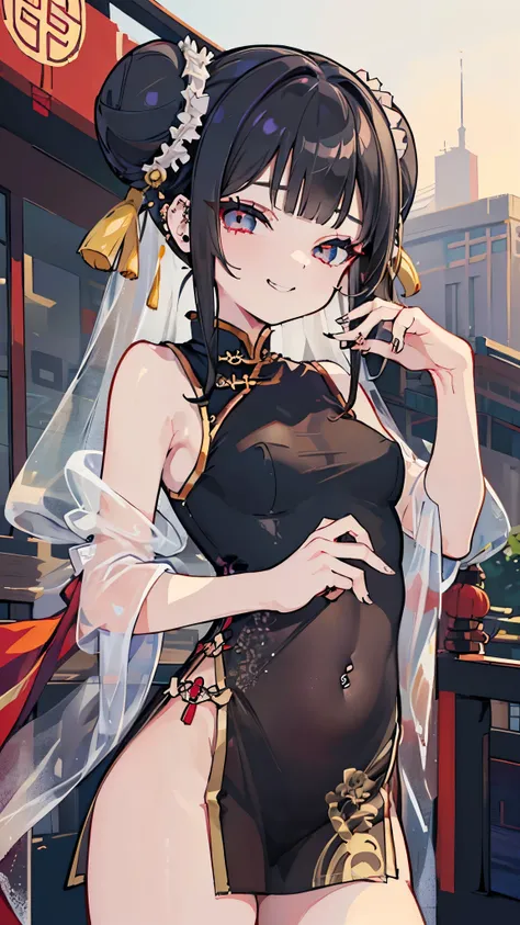 ((masterpiece、 best quality、 Very detailed))、 one girl、 black hair、 Long Hair、((double bun))、blunt bangs、 gray eyes、evil smile、((lots of piercing))、 smaller breasts、((see-through chinese clothes))、 sleeveless、 cowboy shot、 downtown background