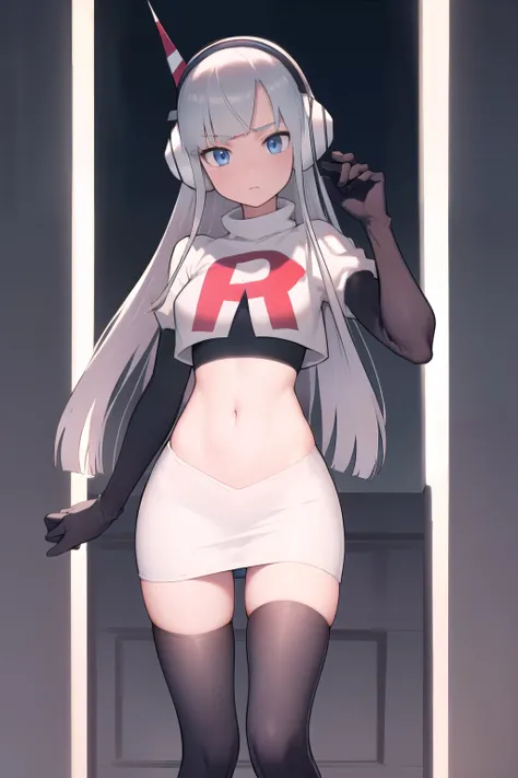 masterpiece, best quality, bw2elesa, silver hair, blue eyes, streaked hair, long sidelocks, hair ornaments, headphones, team rocket,team rocket uniform,white skirt,red letter R,crop top,black thigh-highs,black elbow gloves, looking at viewer, 