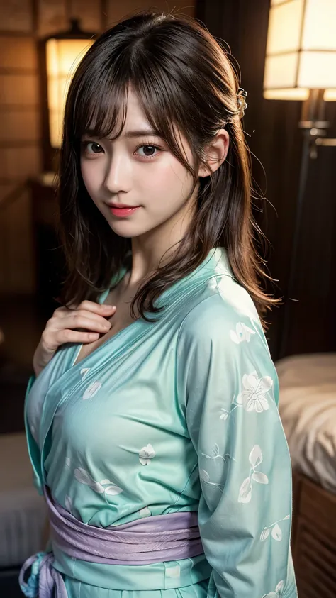  Very cute ,  1 Japanese idol , 20 years old、 symmetrical eyes next to woman ,  eyelash ,  Extremely thin skin with great attention to detail ,魅力的なsmile,  closed mouth, perfect anatomy ( chubby,) 、((Wear a light green yukata 、 open chest, Dramatic Poses)),...