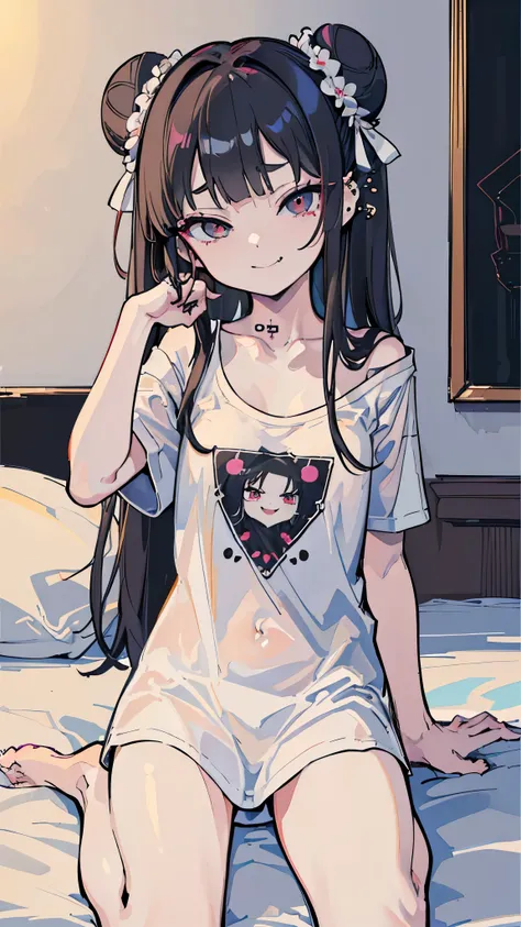 ((masterpiece、 best quality、 Very detailed))、 one girl、 black hair、(( Long Hair))、((double bun))、blunt bangs、 gray eyes、evil smile、((lots of piercing))、(( smaller breasts))、(( white t-shirt ))、shoulder、 wariza、((Sit flat))、 on the bed、(( dark room))、Bedroo...