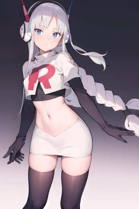 masterpiece, best quality, bw2elesa, silver hair, blue eyes, streaked hair, long sidelocks, hair ornaments, headphones, team rocket,team rocket uniform,white skirt,red letter R,crop top,black thigh-highs,black elbow gloves, looking at viewer, 