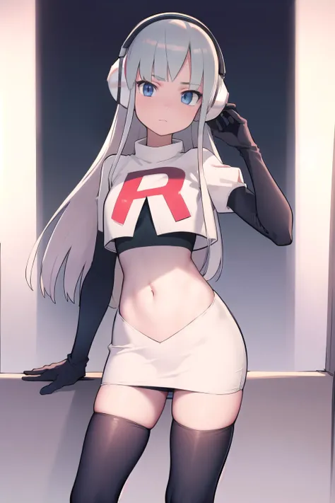 masterpiece, best quality, bw2elesa, silver hair, blue eyes, streaked hair, long sidelocks, hair ornaments, headphones, team rocket,team rocket uniform,white skirt,red letter R,crop top,black thigh-highs,black elbow gloves, looking at viewer, 