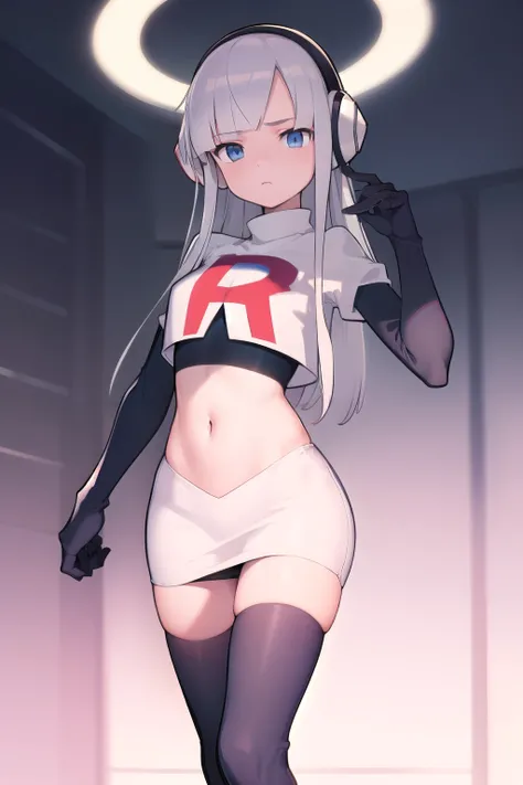 masterpiece, best quality, bw2elesa, silver hair, blue eyes, streaked hair, long sidelocks, hair ornaments, headphones, team rocket,team rocket uniform,white skirt,red letter R,crop top,black thigh-highs,black elbow gloves, looking at viewer, 