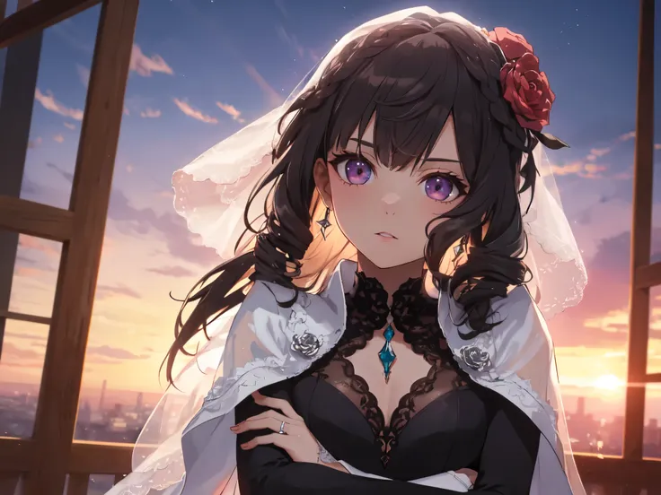 Solo, Single Female, (Human Ear, Earring), (Crossed Arms), (Anime Face), (Hair Accessory), ((Black See-Through Wedding Dress)), (Sunset Sky, Sunset), Evening Sky), (Focus on Chest, Oblique Upward Angle), (High Resolution, Masterpiece, Accurate, Anatomicall...