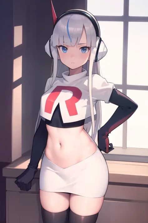 masterpiece, best quality, bw2elesa, silver hair, blue eyes, streaked hair, long sidelocks, hair ornaments, headphones, team rocket,team rocket uniform,white skirt,red letter R,crop top,black thigh-highs,black elbow gloves, looking at viewer, 