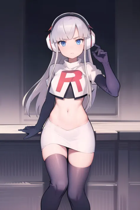 masterpiece, best quality, bw2elesa, silver hair, blue eyes, streaked hair, long sidelocks, hair ornaments, headphones, team rocket,team rocket uniform,white skirt,red letter R,crop top,black thigh-highs,black elbow gloves, looking at viewer, 