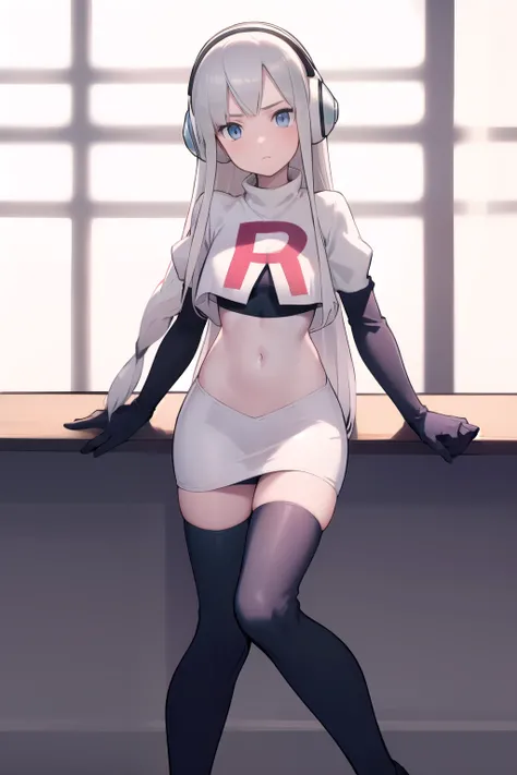 masterpiece, best quality, bw2elesa, silver hair, blue eyes, streaked hair, long sidelocks, hair ornaments, headphones, team rocket,team rocket uniform,white skirt,red letter R,crop top,black thigh-highs,black elbow gloves, looking at viewer, 