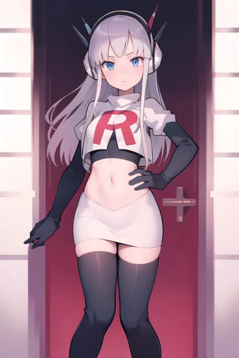 masterpiece, best quality, bw2elesa, silver hair, blue eyes, streaked hair, long sidelocks, hair ornaments, headphones, team rocket,team rocket uniform,white skirt,red letter R,crop top,black thigh-highs,black elbow gloves, looking at viewer, 