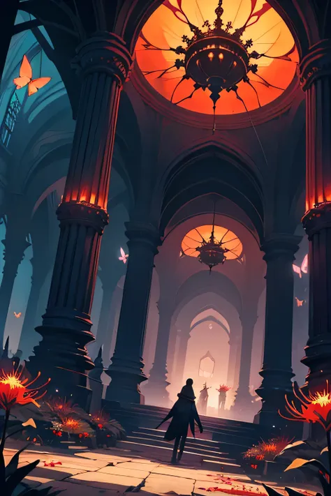 masterpiece, underworld, glowing butterflies flying around, red spiderlily flowers, eery atmosphere, high quality, underworld palace, dark, dramatic lighting