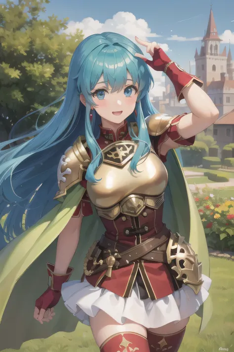 def_eirika,armor, shy, blush, white skirt, breastplate, sleeveless, armpit, yellow cape, zettai ryouiki, fingerless gloves, thighhighs, thigh boots, jewelry, earrings, puffy short sleeves, shoulder armor,belt,red shirt,garden,castle,outdoors,(masterpiece,...