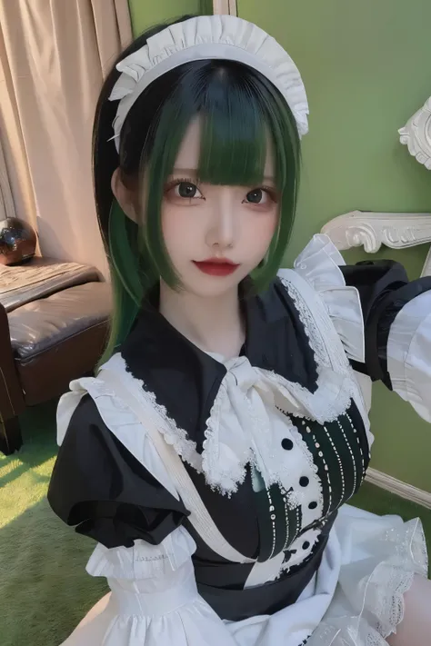 (Highest Quality, 8K, 32K, Masterpiece: 1.2), (High Resolution), (8K), (High Resolution), Woman with two-tone pink and green hair, straight bangs, black and white maid outfit, green checkered accents, black lace hair accessory, natural makeup, taking a sel...