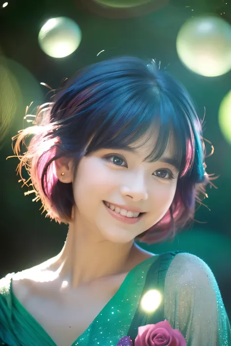 (((Animated background:1.3))),(((A smile that makes people happy))),((( cute forest fairy woman )))、Deep in the forest 、(((Wrapped in shining orbs))),((( sunlight filtering through the trees illuminates her :1.3)))、(((aqua blue and rose pink mixed color ha...