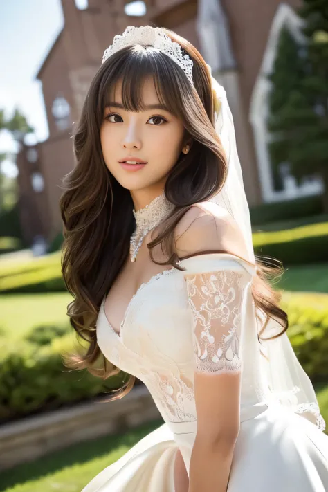 １woman　(( waist up shot :!!!))　( She is standing on a large lawn outside a church on a sunny day.、She is posing elegantly. :1.6、Poses that make her hair look as wide as possible :1.4)　( She has a very loving expression in front of the camera....:1.8)　(( sh...