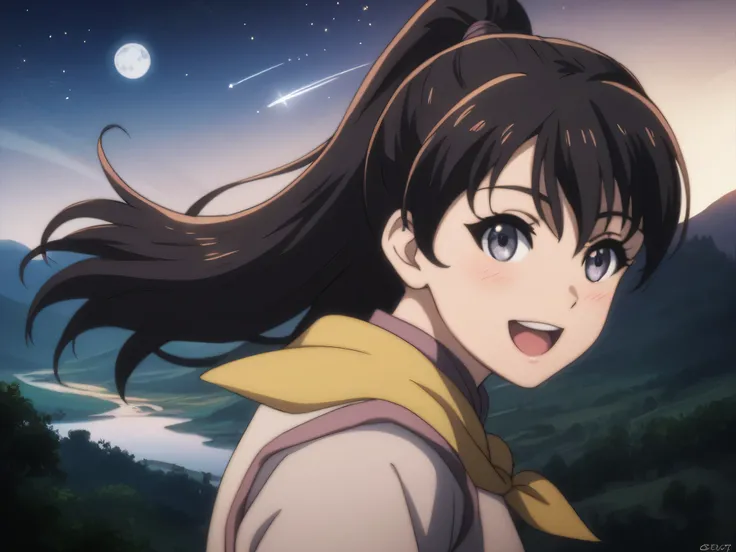 score_9,  score_8_up, score_7_up, gsfghtr, multicolored robe, neckerchief, black hair, (long straight hair), (facing right),
cinematic Lighting, 1girl,solo,blush,smile, open mouth,Valley with Flowing River, moon, shooting stars, from right side