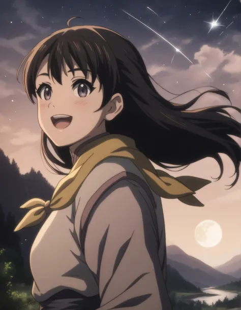 score_9,  score_8_up, score_7_up, gsfghtr, multicolored robe, neckerchief, black hair, (long straight hair),
cinematic Lighting, 1girl,solo,blush,smile, open mouth,Valley with Flowing River, moon, shooting stars, from right side