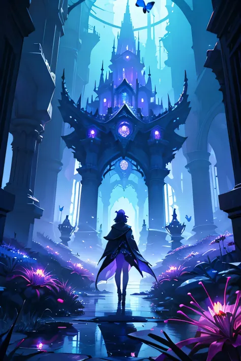 masterpiece, underworld, glowing blue butterflies flying around, purple flames, red spiderlily flowers, eery atmosphere, high quality, underworld palace, dark, dramatic lighting