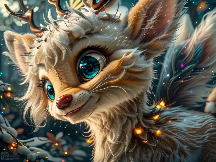 Magical Fantasy Creature, (Best Quality, Masterpiece, Representative Work, Official Art, Professional, Super Detailed, 8k:1.3), (Photorealism:1.2) Super Cute, Big Eyes, Soft, Soft Nose, Fluffy, Double-Toothed Smile, Aurorastyle, Highly detailed Dynamic sho...