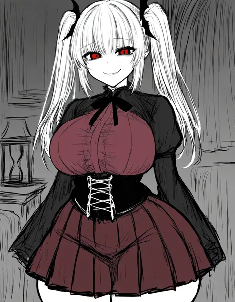 Masterpiece,detailed,best quality,perfect face,1girl,(cute face),goth lolita,curvy body,hourglass body shape,big breasts,thick thighs,wide hips,happy face,smile,yandere face,vampire girl,red eyes,white hair,hair twin tails,black red clothes,corset,white bl...