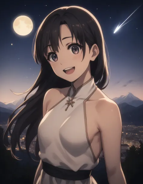 score_9, score_8_up, score_7_up, gsfghtr, (long straight hair), black hair, Backless Dress, mukena, cinematic Lighting, 1girl,solo,looking at viewer,blush,smile, open mouth,top of mountain, city view, moon, shooting stars, (((bright light from front))), 