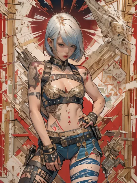 ((top-quality、8K、32K、​masterpiece、nffsw:1.3)), (supene illustration)、(超A high resolution), (((Adults))), (((1girl in))), ((( bobs haircut ))), 25-year-old cyberpunk gladiator with a perfect body, Shoulder pads with metal spines, Gladiadores in Brooklyn, ((...