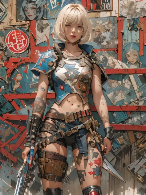 ((top-quality、8K、32K、​masterpiece、nffsw:1.3)), (digital painting)、(超A high resolution), (((Adults))), (((1girl in))), ((( bobs haircut ))), 25-year-old cyberpunk gladiator with a perfect body, Shoulder pads with metal spines, Gladiadores in Brooklyn, (( bo...