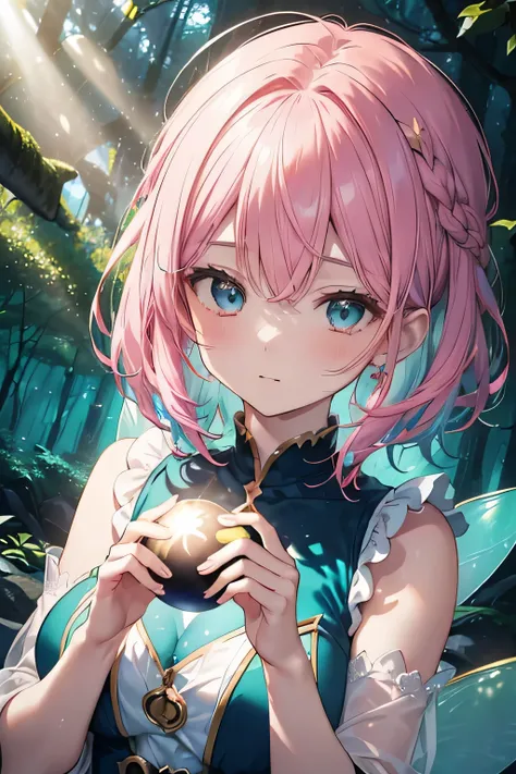 (((The light of the orb envelops the fairy:1.3))),((( cute forest fairy woman )))、Deep in the forest ,((( sunlight filtering through the trees illuminates her :1.3)))、(((aqua blue and rose pink mixed color hair))),( shiny pixie cut hair wrapped in shining ...