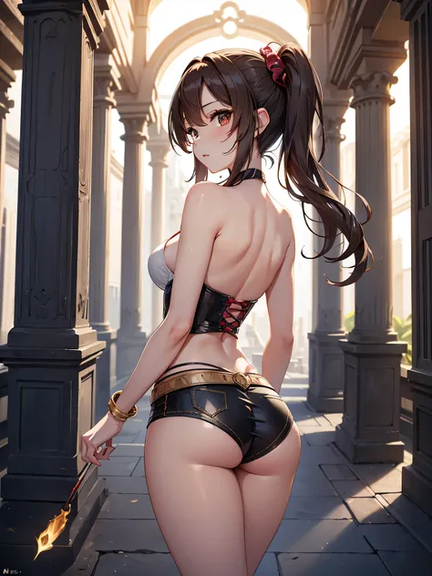 All intricate details, master piece, hip shot, random angle: "A young human-gorgon girl with a slim build and fair skin. She has short, curly light brown hair with a slight reddish hue and an aesthetic snake as a right ponytail. Her eyes are large and a li...