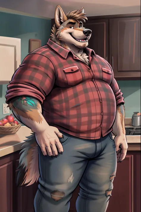 highest res,coyote,anthro,4 fingers,best most realistic detailed accurate blurred background,male aged in early 40s,musclegut,musclegut anthro,musclegut male,tail,standing in kitchen of best most realistic detailed accurate trashy mobile home park in rural...