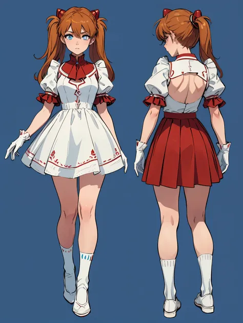 one woman,  soryu asuka langley, long hair,  twin tails,
break ((puffy sleeves, red ascot, red skirt, short sleeves, shoulder ar...