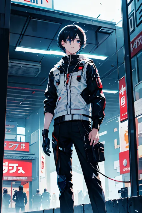 male　wiring　male性　 black hair　 blue eyes　 short hair under the eaves of the store　pants　mechanical　 futuristic　tool　technology　 android 　Lab　space 　Floating Feeling　graduate School　 glitter　 cyberpunk 