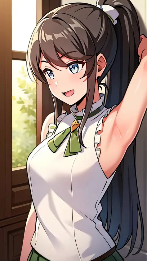 quality, masterpiece, highly detailed, 16k, masterpiece, tilly wimbledon, (ponytail hair), sleeveless, 1girl, smile, open mouth, blush, detailed face, detailed eyes, medium breast, blue eyes, castle, both hands up, armpits