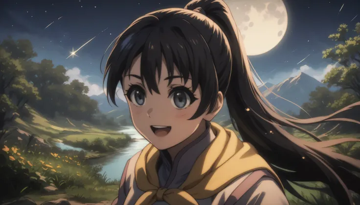 score_9,  score_8_up, score_7_up, gsfghtr, multicolored robe, neckerchief, black hair, (long straight hair), (facing right),
cinematic Lighting, 1girl,solo,blush,smile, open mouth,Valley with Flowing River, moon, shooting stars, from right side