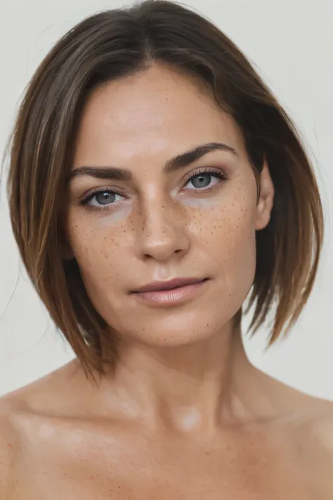 A highly detailed close-up portrait of a middle-aged woman, emphasizing the natural texture of her skin. The skin shows visible pores, subtle freckles across the nose and cheeks, and soft crow’s feet around the eyes. Wrinkles around the forehead and mouth ...