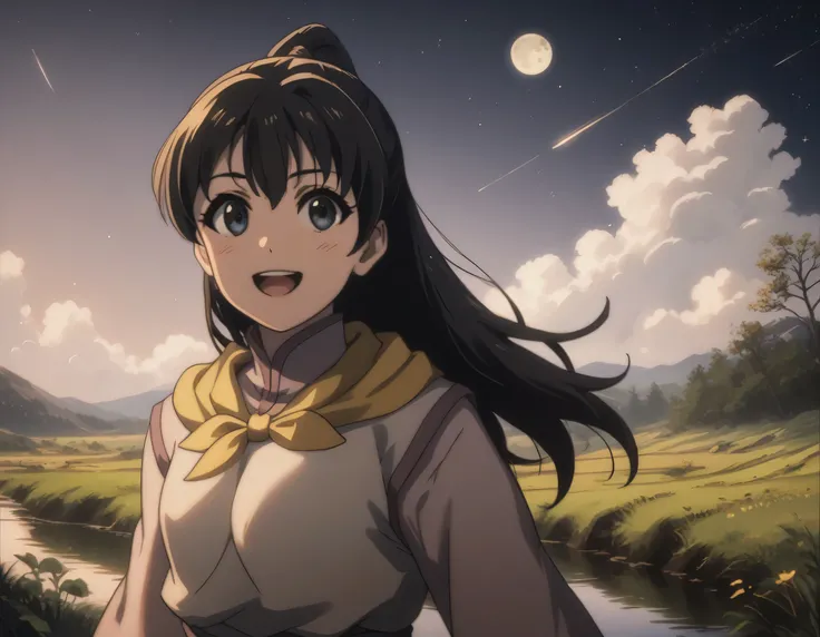 score_9, score_8_up, score_7_up, gsfghtr, multicolored robe, neckerchief, black hair, (long straight hair), (facing right), cinematic Lighting, 1girl,solo,blush,smile, open mouth,Valley with Flowing River, moon, shooting stars