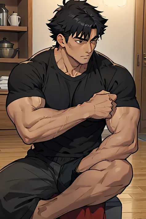 Kiritsugu is sitting and flexing his biceps. He is wearing a black tshirt with short sleeves. The right sleeve is completely rolled up, so you can see his entire arm. He wears black short boxershorts. You can see his thighs completely. He has a huge bulge....