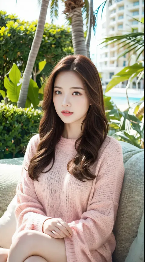   cinematic pictures ,  1 Beautiful Woman: 1.2, pale pink sweater ,   long brown hair ,   highly detailed face ,   sit on the white sofa , background: Sea Resort, Outdoor, sunlight