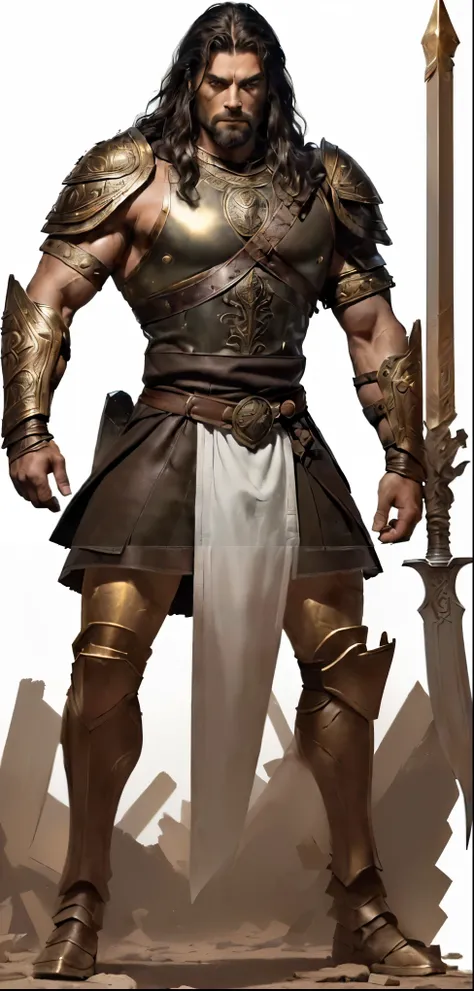 "((Full-body, semi-realistic depiction of a Bronze Age male warrior from the Glorantha setting. ((He is standing in a ready stance)), holding a bronze-tipped sword in one hand and a round shield engraved with Orlanthi runes in the other. His posture is fir...