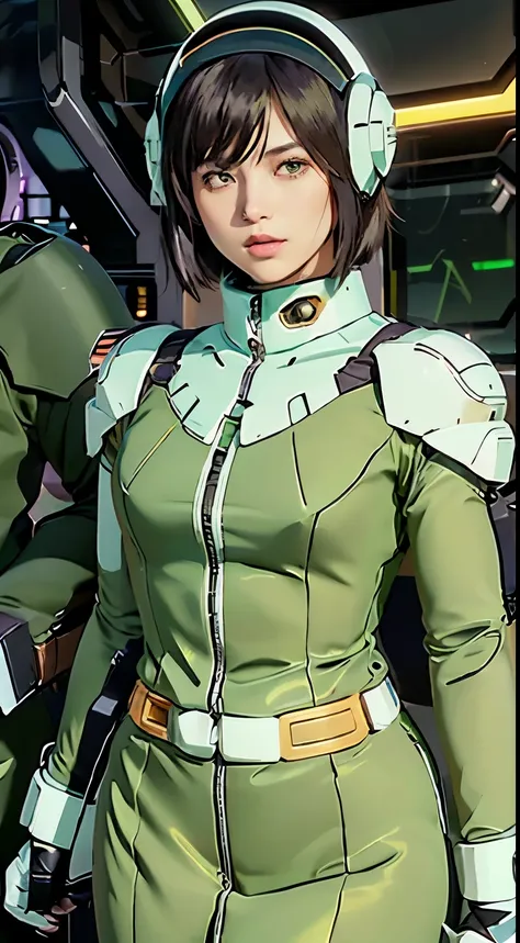   Max Image , Outstanding details,   super high resolution, ( realism: 1.4),  best illustration , ,  ONE VERY CONDENSED GIRL,  , Beautiful woman wearing a black and green mecha ,  wearing a mecha helmet ,  holding a direction control device ,  Wearing,  we...