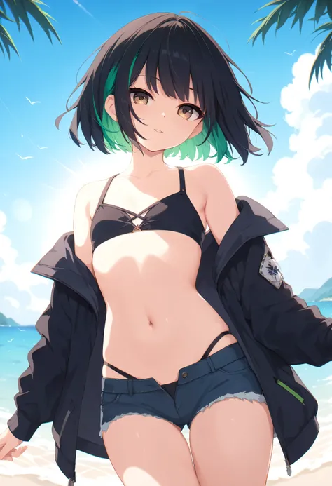 masterpiece, best quality, wallpaper, 1 cute small girl, short black hair, green highlights, straight hair, bangs, brown eyes, small chest, black sweatshirt, sexy navel, legs, floating in sky, a closeup, warm soft lighting, the setting sun, in the beach 