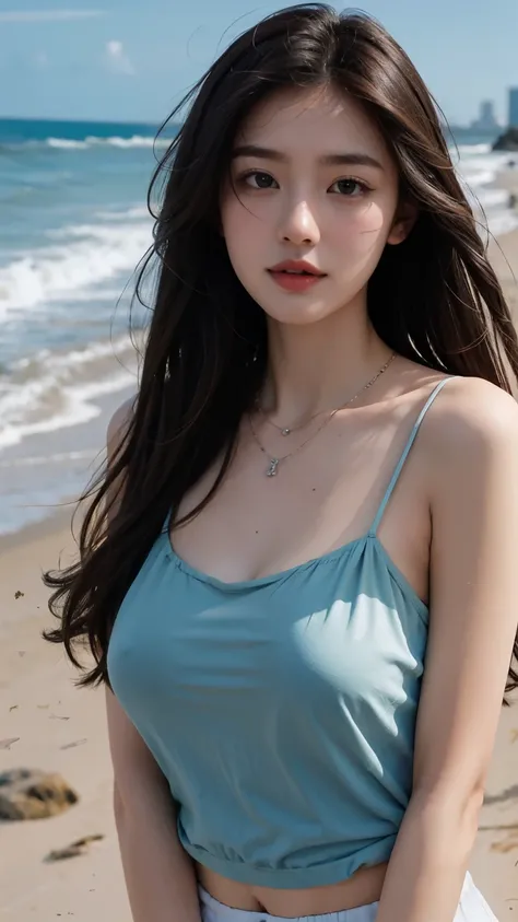 Best quality at best，Original，tmasterpiece， super high resolution，Sweet girl，Draped with hair，Necklace necklace，camisole，medium boob，beachside，City，healed