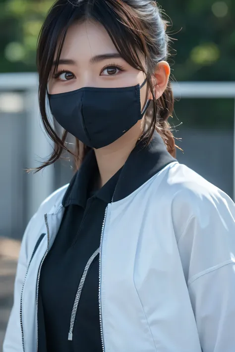 (8k,   RAW photos ,   best quality ,  Its high definition  :1.1), ( 超Realistic:1.4),(Realistic, Realistic:1.3),  Japanese Beauty、  upper body、fencing team - white fencing jacket and mask.