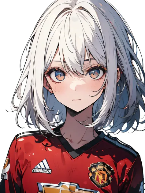  Masterpiece ,  best quality, ((Pure white background)),   bending permanent  ,  slim, Albino Woman , white hair , White eyelashes,White eyelashes,White Eyes, White eyebrow, Cold Face,  white skin, Wear Manchester United Jerseys,Manchester United 2008 Jers...