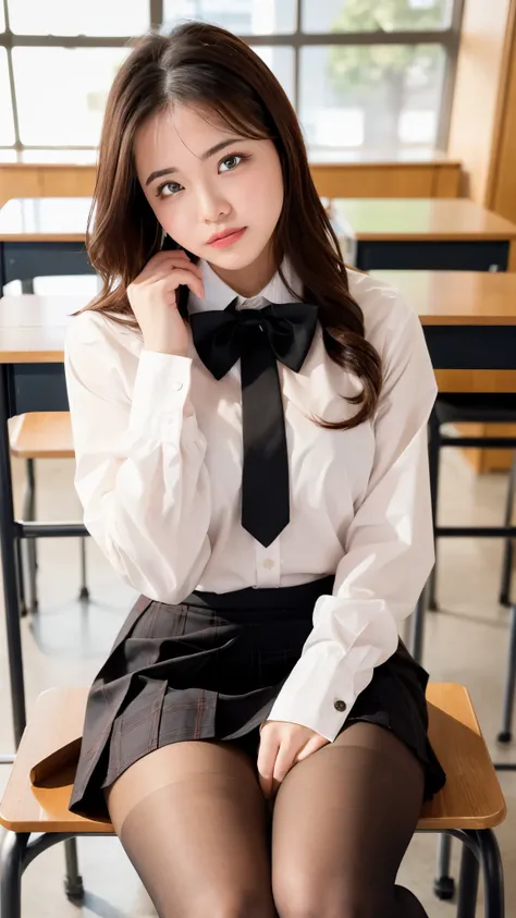 (Highest quality, 4K, 8k, High resolution, masterpiece, Genuine, Realistic, Realistic:1.3), (upper body), Girl sitting on the school desk in classroom, blue bow-tie Uniform, tight Dark Blown sweater, blown plaid skirt, Gal Makeup, wearing white collared sh...