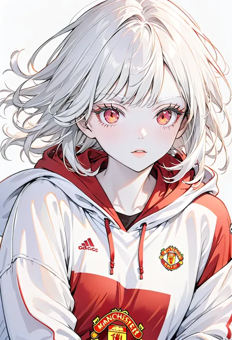  Masterpiece ,  best quality, ((Pure white background)),   bending permanent  ,  slim, Albino Woman , white hair , White eyelashes,Red eyelashes,White eyelashes,White Eyes, red eyes,Purple,peach, White eyebrow, Cold Face,  white skin, Wear Manchester Unite...