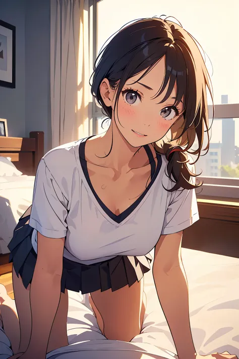 Masterpiece , best quality , super high resolution,( beautiful woman:1.2),( with chest facing up, Beautiful big :1.5),( happy :1.2),(enjoy:1.2), ( black hair:1), ( Short Low Ponytail :1.2), Medium Hair ,Sexy mole on the mouth, has wet lips, ( springs...